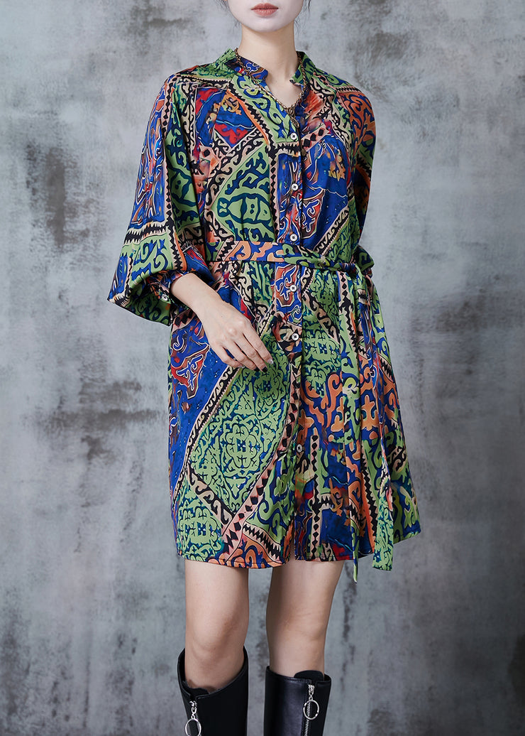 Bohemian Green Print Draping Silk Tea Dress Spring