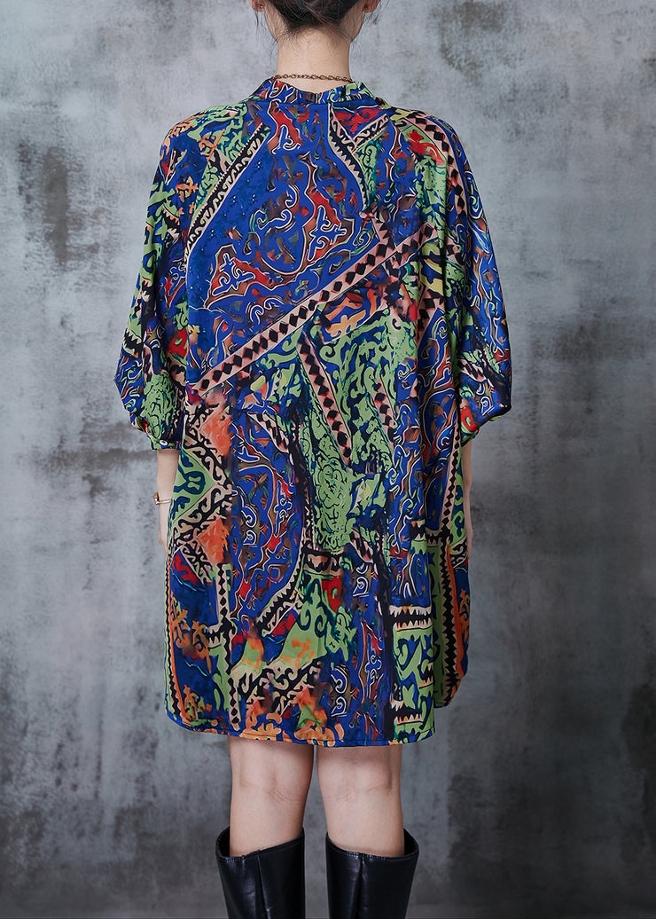 Bohemian Green Print Draping Silk Tea Dress Spring