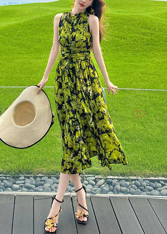 Bohemian Green Print High Waist Chiffon Holiday Long Dress Summer