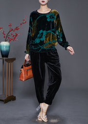 Bohemian Green Print Oversized Silk Velour Two Pieces Set Fall