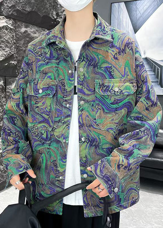 Bohemian Green Print Pockets Men Shirts Coats Spring