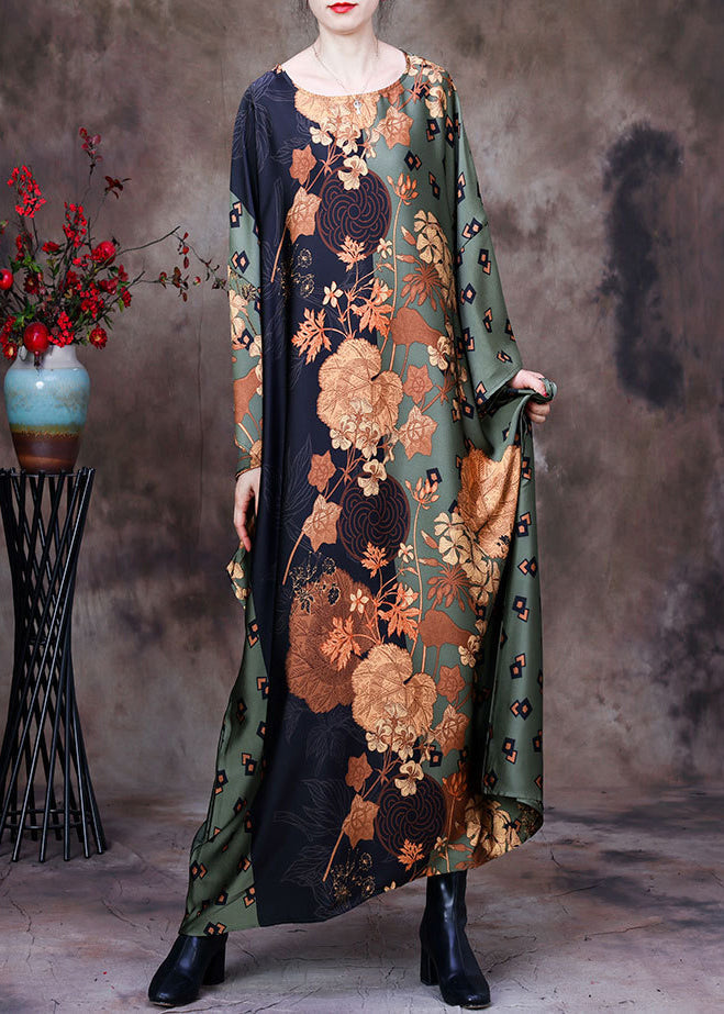 Bohemian Green Print Silk Maxi Dress Batwing Sleeve