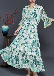 Bohemian Green Ruffled Floral Chiffon Holiday Dress Summer