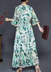 Bohemian Green Ruffled Floral Chiffon Holiday Dress Summer