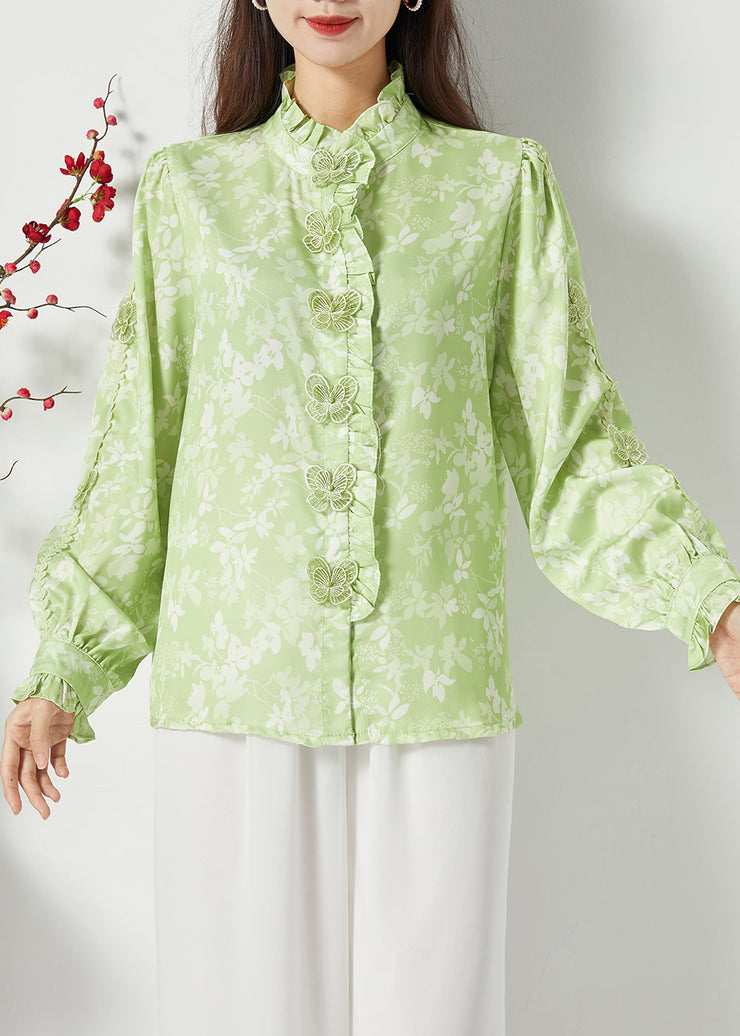 Bohemian Green Ruffled Print Butterfly Silk Tops Spring