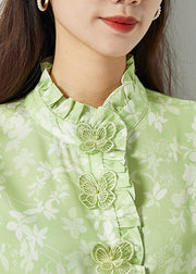 Bohemian Green Ruffled Print Butterfly Silk Tops Spring