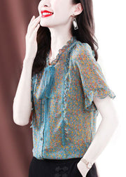 Bohemian Green Ruffled Print Chiffon Blouses Summer