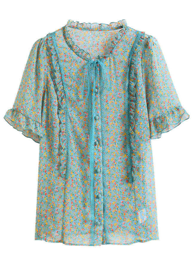 Bohemian Green Ruffled Print Chiffon Blouses Summer