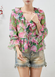 Bohemian Green Ruffled Print Chiffon Shirts Spring