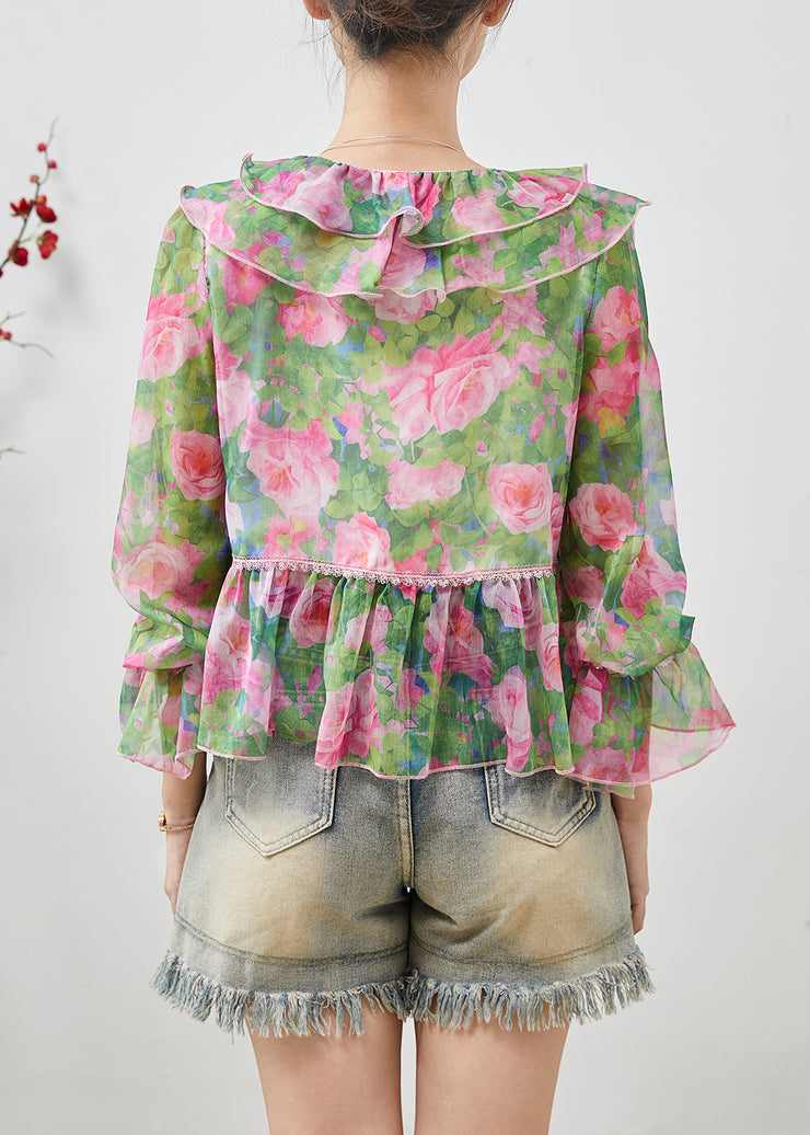 Bohemian Green Ruffled Print Chiffon Shirts Spring