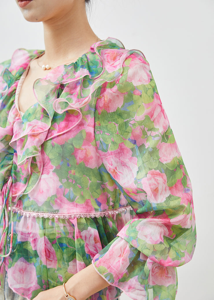 Bohemian Green Ruffled Print Chiffon Shirts Spring