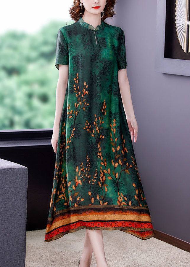 Bohemian Green Ruffled Print Silk A Line Dress Summer