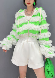 Bohemian Green Ruffled Zippered Cotton Hoodie Coat Spring