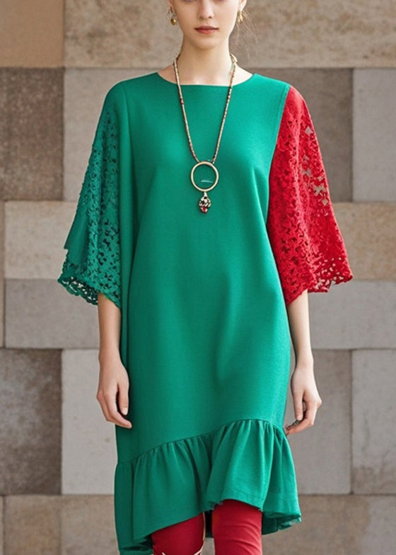 Bohemian Green Ruffles Patchwork Lace Dresses Fall