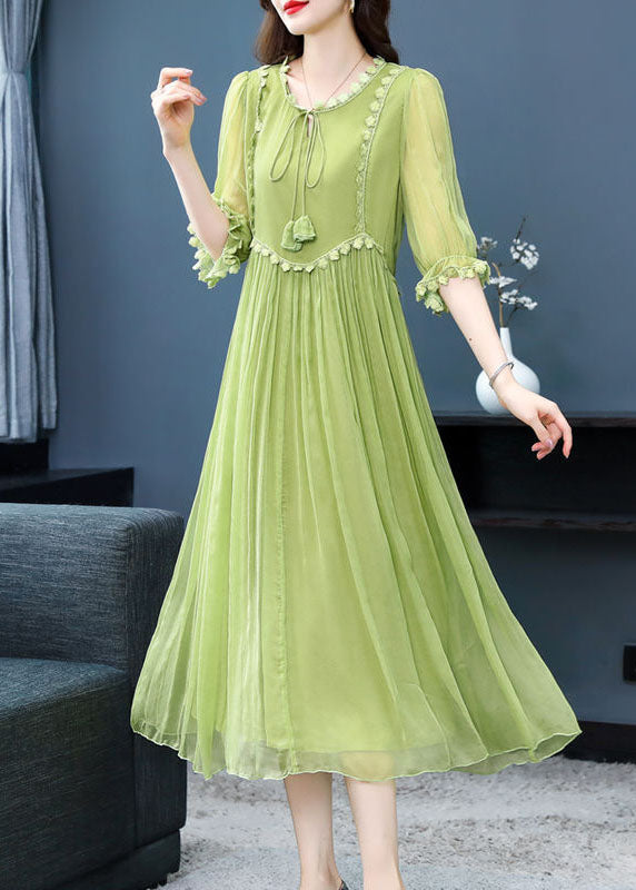 Bohemian Green Solid Color Lace Up Wrinkled Chiffon Dress Half Sleeve