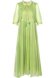 Bohemian Green Solid Color Lace Up Wrinkled Chiffon Dress Half Sleeve