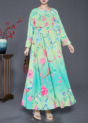 Bohemian Green Square Collar Print Silk Holiday Dresses Fall