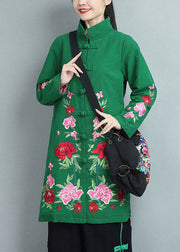 Bohemian Green Stand Collar Embroideried Cotton Coats Fall