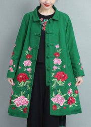 Bohemian Green Stand Collar Embroideried Cotton Coats Fall