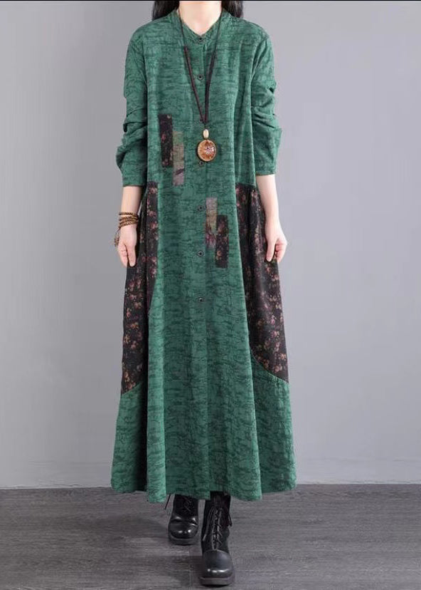 Bohemian Green Stand Collar Patchwork Cotton Long Dresses Fall