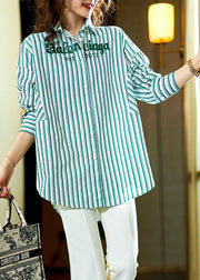 Bohemian Green Striped Graphic Patchwork Cotton Shirts Spring