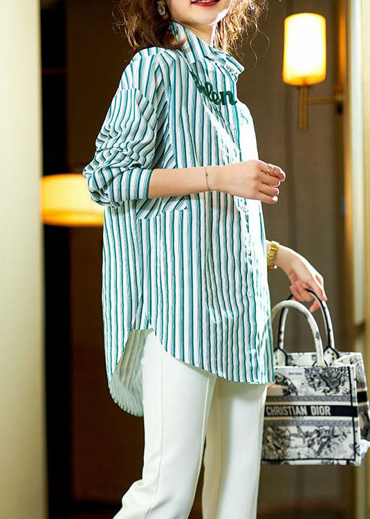 Bohemian Green Striped Graphic Patchwork Cotton Shirts Spring