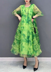 Bohemian Green Tie Dye Ruffled Patchwork Chiffon Dresses Summer