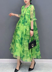 Bohemian Green Tie Dye Ruffled Patchwork Chiffon Dresses Summer