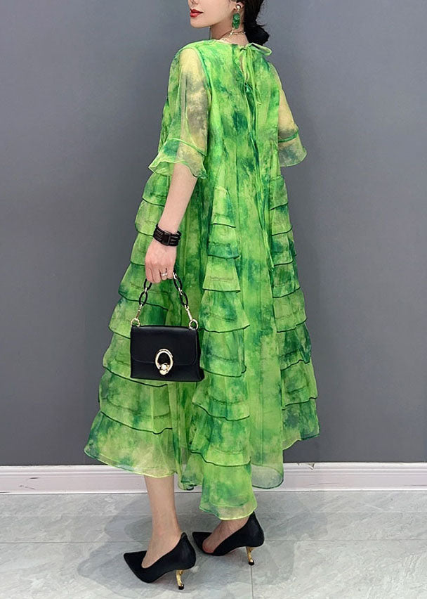 Bohemian Green Tie Dye Ruffled Patchwork Chiffon Dresses Summer