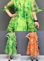 Bohemian Green Tie Dye Ruffled Patchwork Chiffon Dresses Summer