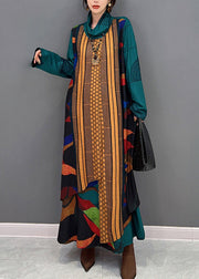 Bohemian Green Turtleneck Print Patchwork Long Dress Long Sleeve