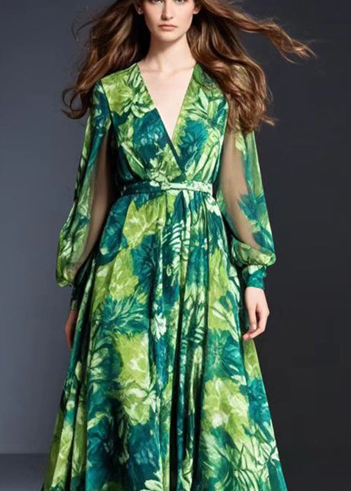 Bohemian Green V Neck Print Chiffon Dresses Spring