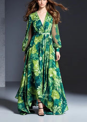 Bohemian Green V Neck Print Chiffon Dresses Spring