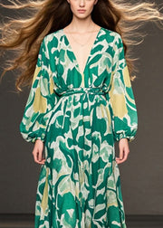 Bohemian Green V Neck Print Chiffon Holiday Dresses Spring