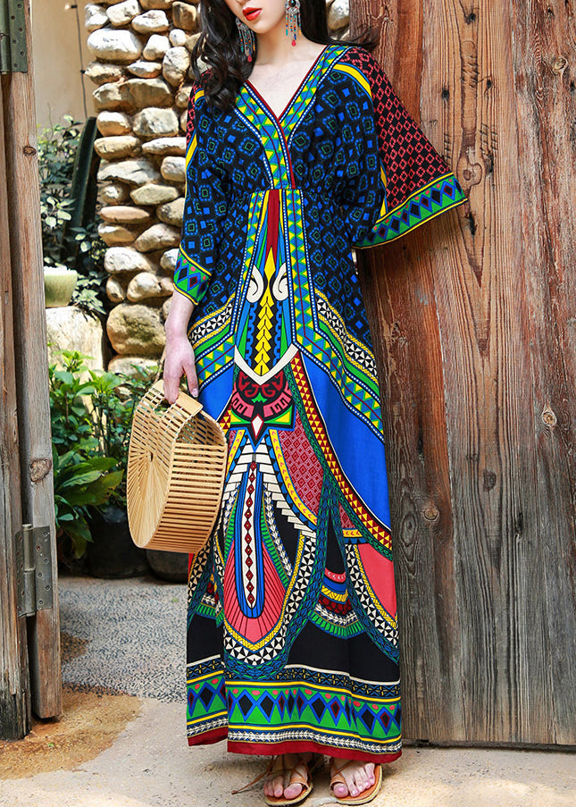 Bohemian Green V Neck Print Patchwork Cotton Long Dresses Batwing Sleeve