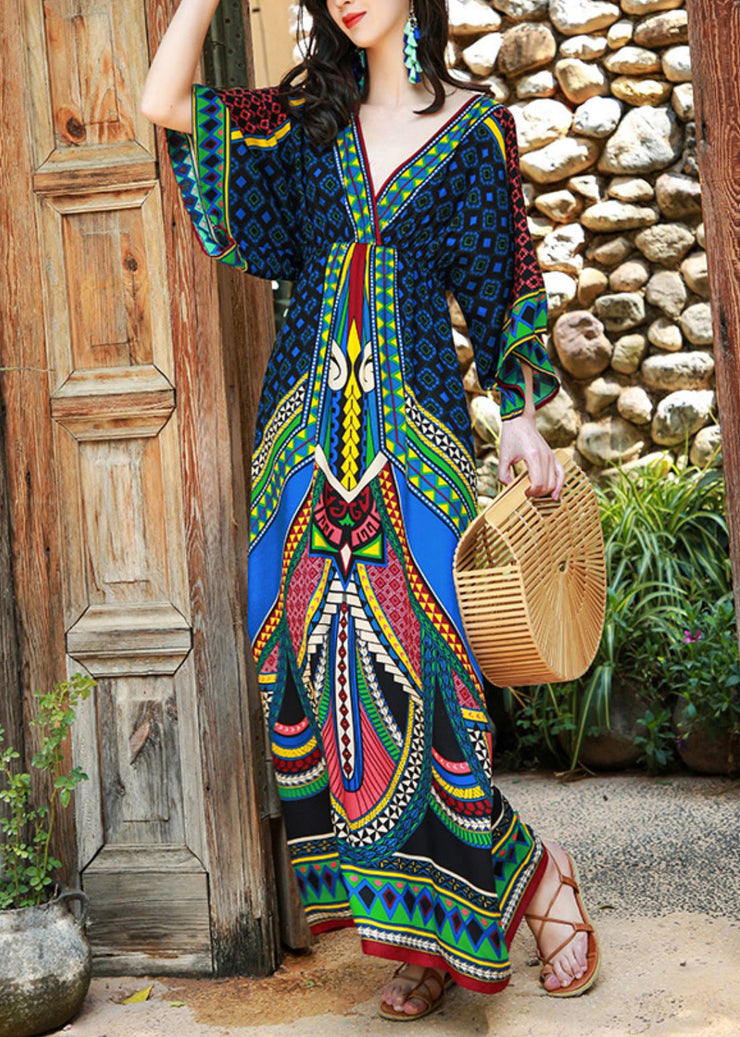 Bohemian Green V Neck Print Patchwork Cotton Long Dresses Batwing Sleeve