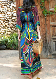 Bohemian Green V Neck Print Patchwork Cotton Long Dresses Batwing Sleeve