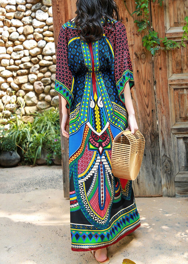 Bohemian Green V Neck Print Patchwork Cotton Long Dresses Batwing Sleeve