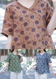 Bohemian Green V Neck Print Patchwork Linen Shirts Summer