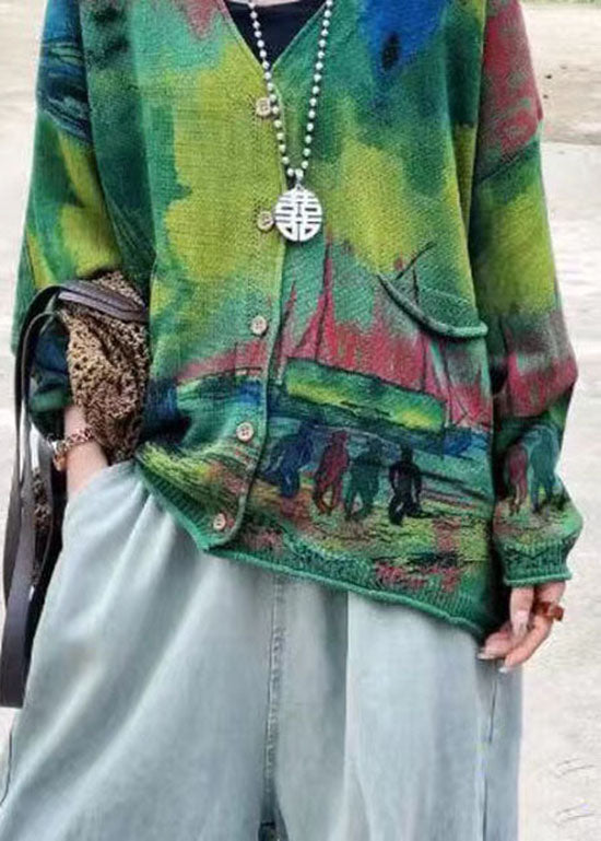 Bohemian Green V Neck Print Pockets Knit Cardigans Long Sleeve