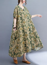 Bohemian Green V Neck Print Wrinkled Holiday Long Dress Summer