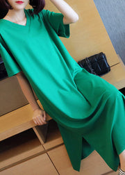 Bohemian Green V Neck Side Open Cotton Long Dress Summer