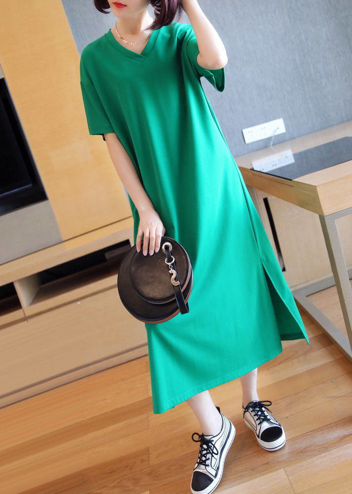 Bohemian Green V Neck Side Open Cotton Long Dress Summer