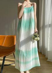 Bohemian Green Wrinkled Cotton Spaghetti Strap Dress Sleeveless