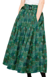 Bohemian Green Wrinkled Pockets Print Patchwork Silk Skirts Summer