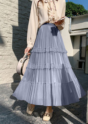 Bohemian Grey Blue High Waist Wrinkled Tulle Cake Skirt Spring