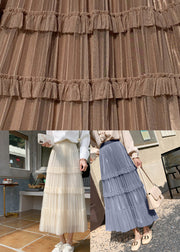 Bohemian Grey Blue High Waist Wrinkled Tulle Cake Skirt Spring