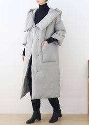 Bohemian Grey Button Pockets Hooded Down Coat Long Sleeve