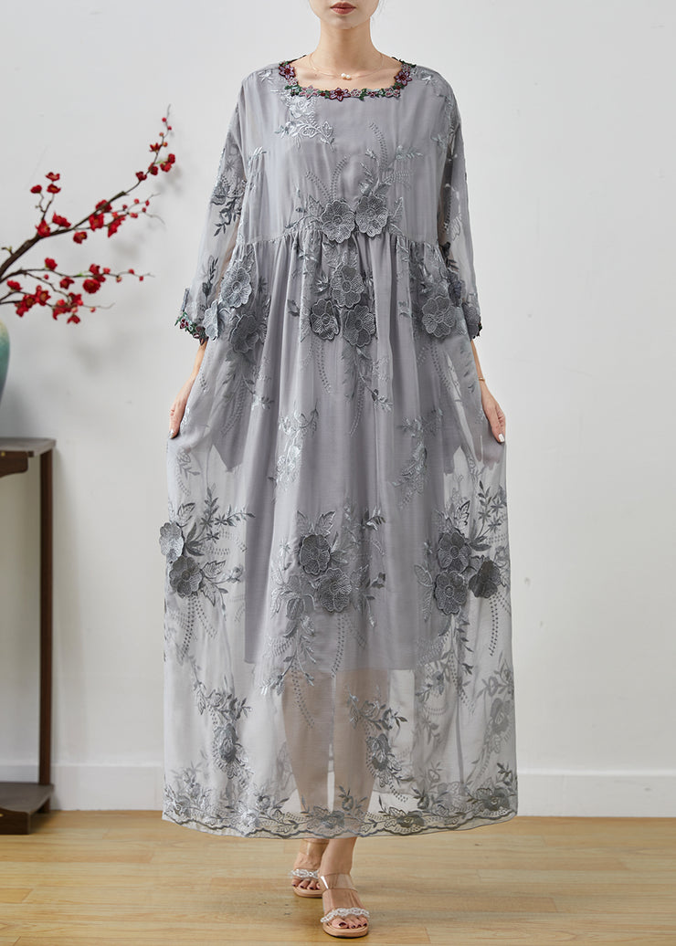 Bohemian Grey Embroidered Floral Silk Party Dress Spring