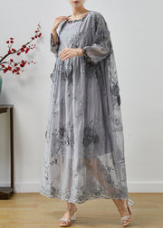 Bohemian Grey Embroidered Floral Silk Party Dress Spring